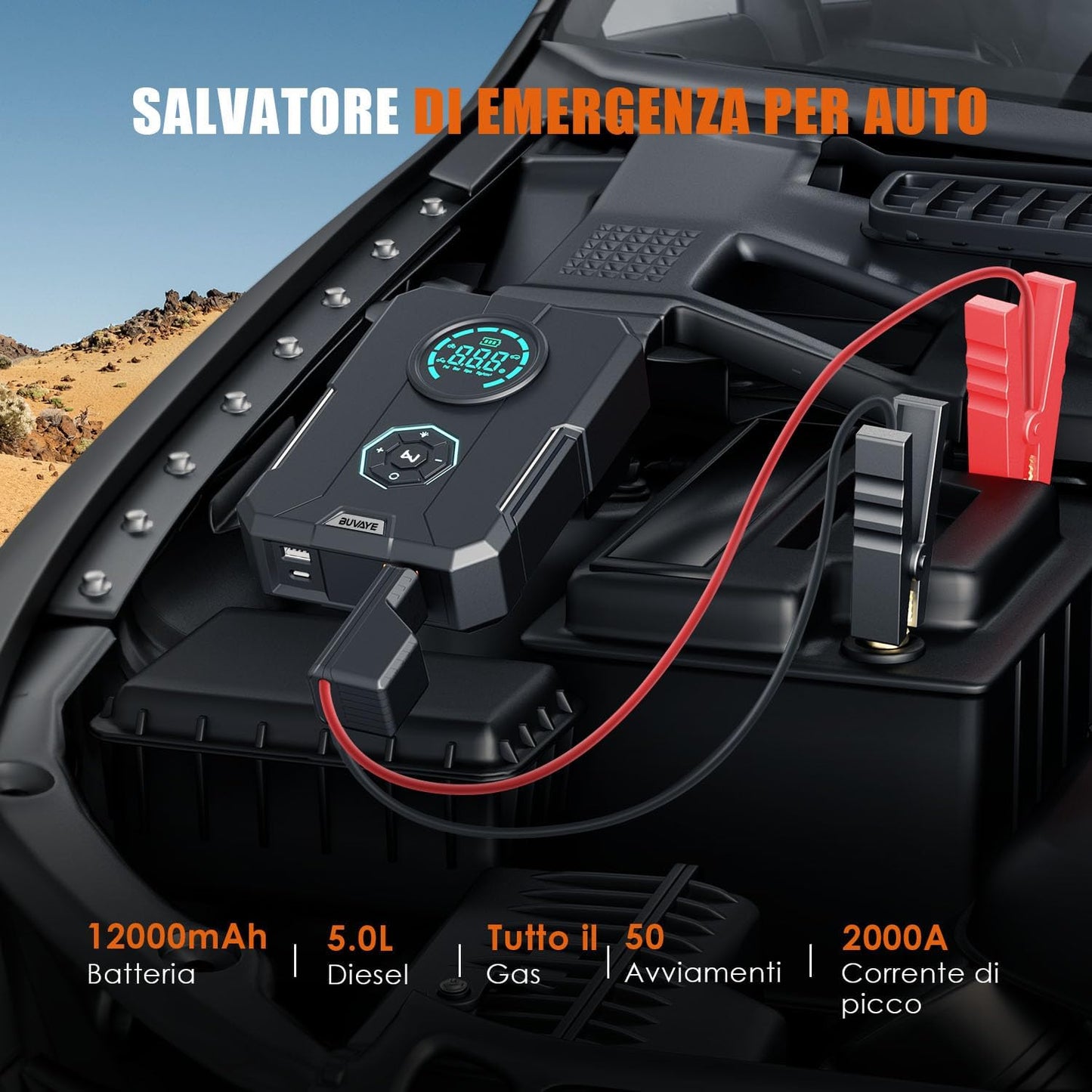 Avviatore Batteria Auto con Compressore Portatile